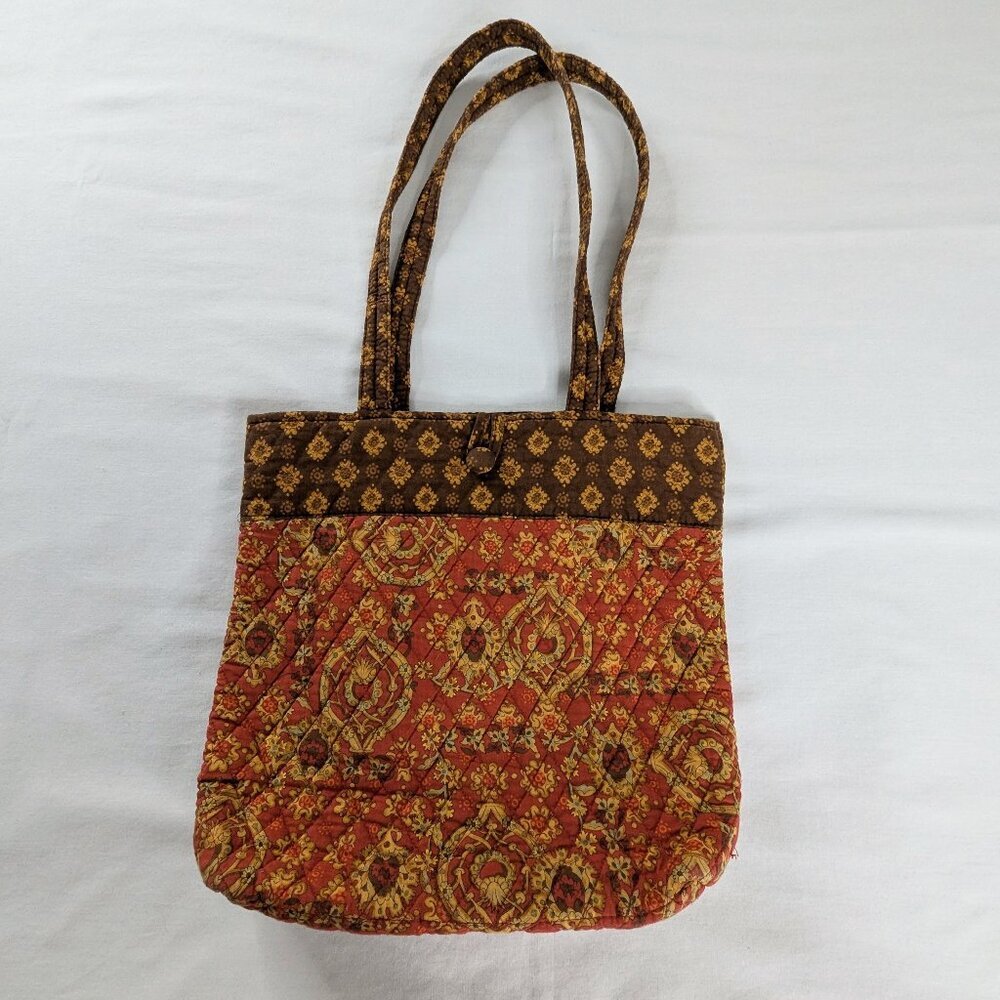 VTG Brown Orange Paisley Quilted Tote Bag Shoulder Purse